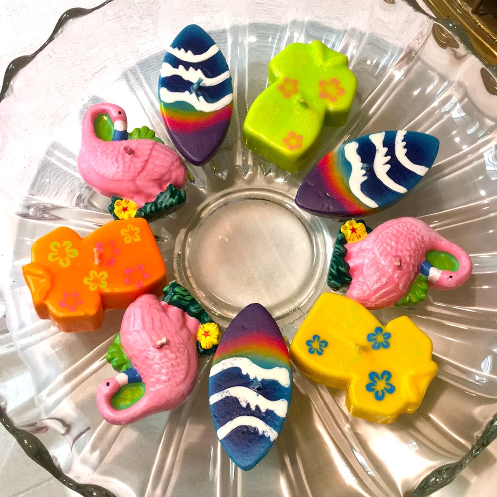 Set/9 FLOATING SUMMER SEASIDE CANDLES 🏄‍♀️🦩🌺👙👒🌼🪸👚